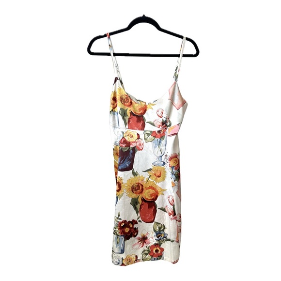 VTG SARACO PARIS Floral Print Mini Dress in Cream Multicolor M~Made in France!